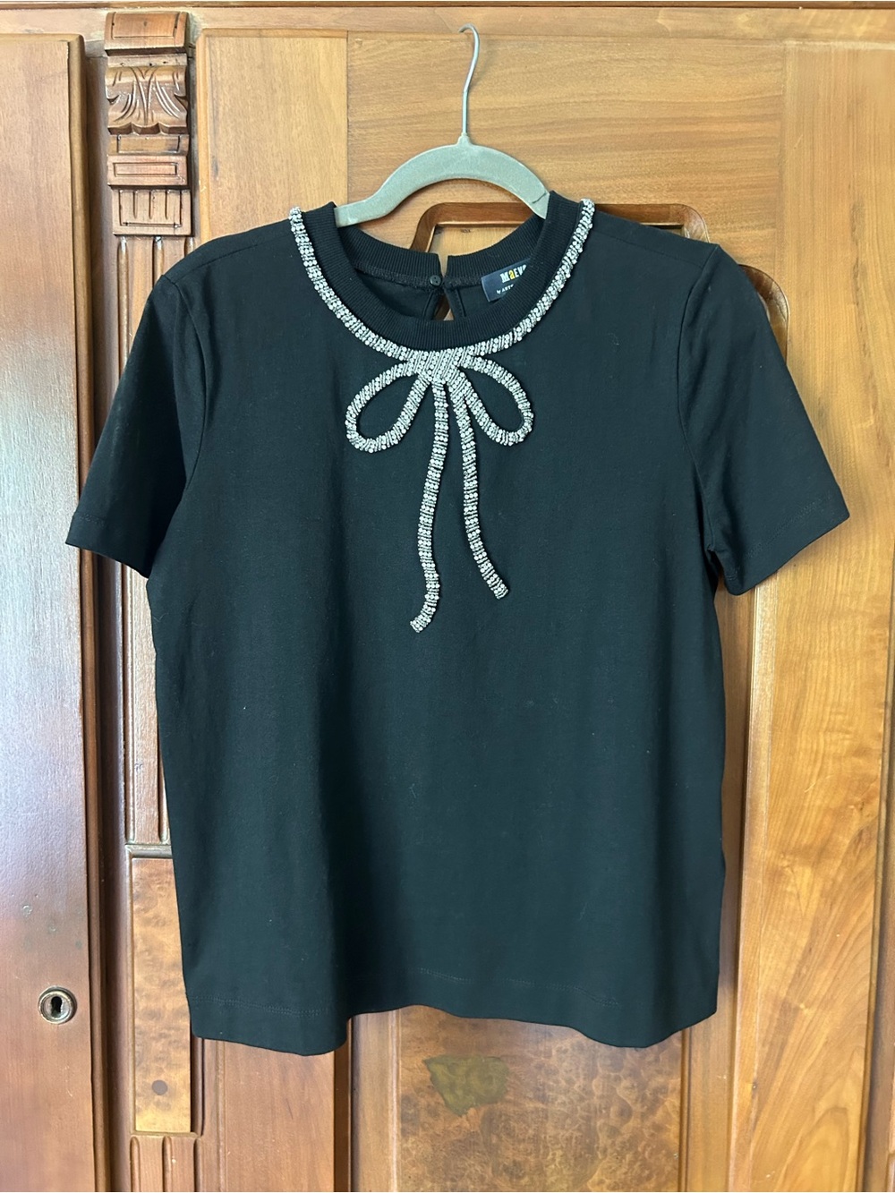 Maeve Black Short Sleeve Top with Rhinestone Bow